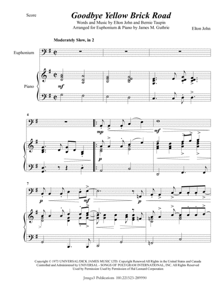 Elton John Goodbye Yellow Brick Road For Euphonium Piano Sheet Music