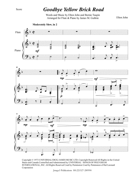 Elton John Goodbye Yellow Brick Road For Flute Piano Sheet Music