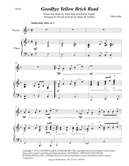 Elton John Goodbye Yellow Brick Road For Piccolo Piano Sheet Music