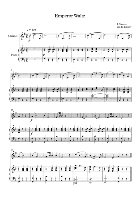 Emperor Waltz Johann Strauss Jr For Clarinet Piano Sheet Music