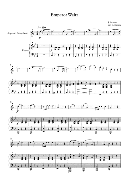 Emperor Waltz Johann Strauss Jr For Soprano Saxophone Piano Sheet Music