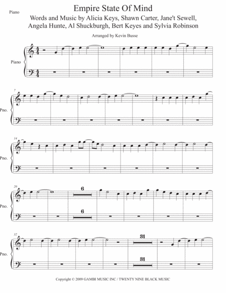 Empire State Of Mind Easy Key Of C Piano Sheet Music