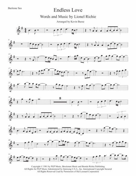 Free Sheet Music Endless Love Original Key Bari Sax