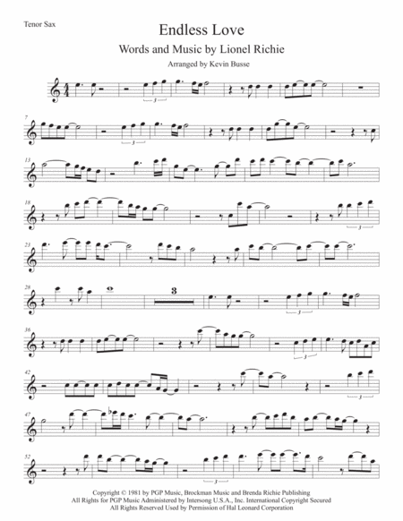 Endless Love Original Key Tenor Sax Sheet Music