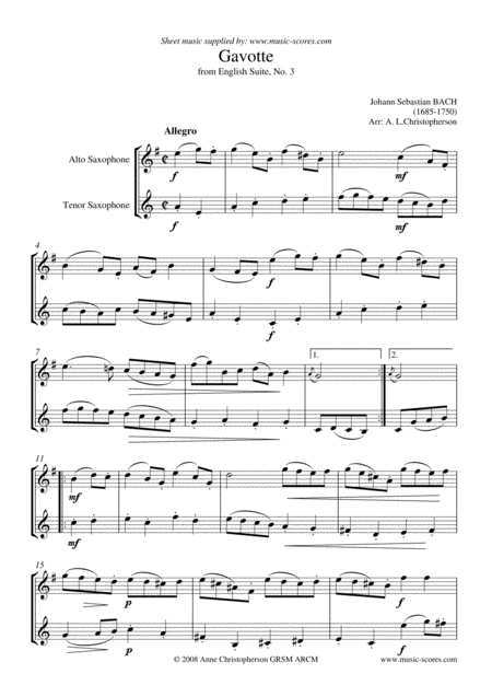 English Suite No 3 Gavotte Alto And Tenor Saxophone Sheet Music