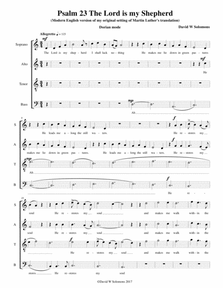 English Version Of Psalm 23 The Lord Is My Shepherd In Dorian Mode For Satb Choir Sheet Music