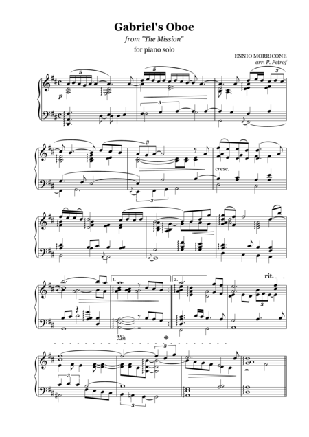 Ennio Morricone Gabriels Oboe From The Mission For Piano Solo Sheet Music