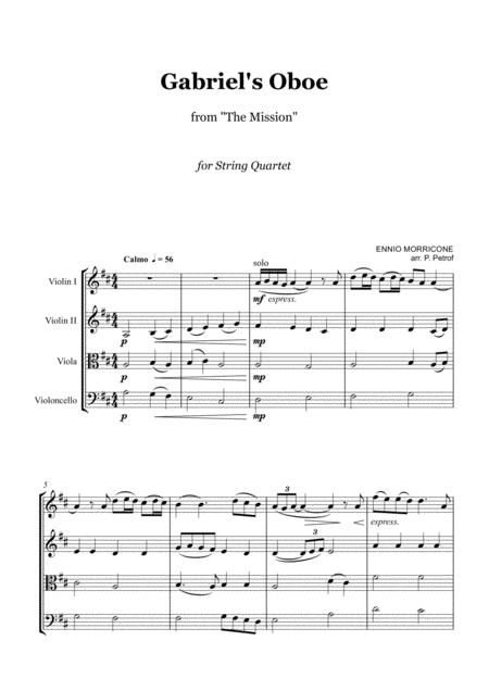 Free Sheet Music Ennio Morricone Gabriels Oboe From The Mission String Quartet Score And Parts