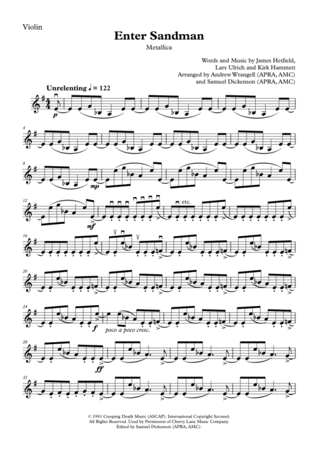 Enter Sandman Violin Solo Sheet Music