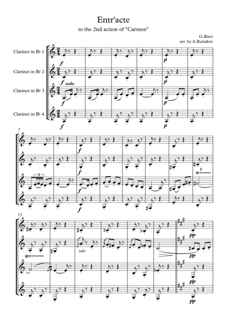 Free Sheet Music Entr Acte To The 2nd Action Of The Carmen Quartet Of Clarinets