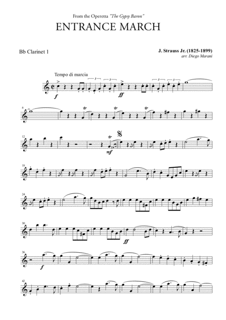 Entrance March From The Gypsy Baron For Clarinet Quartet Sheet Music