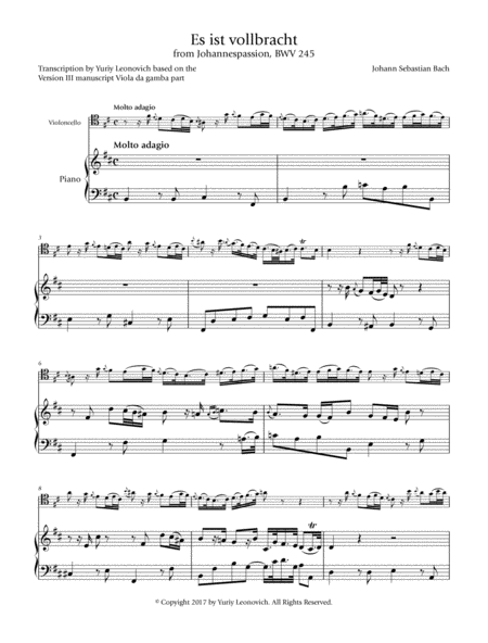 Es Ist Vollbracht From St John Passion For Cello And Piano Sheet Music