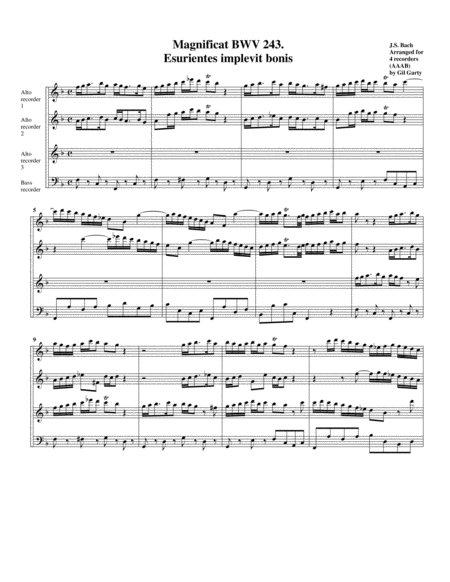 Esurientes Implevit Bonis From Magnificat Bwv 243 Arrangement For 4 Recorders Sheet Music