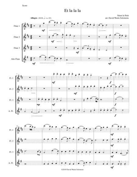 Free Sheet Music Et La La La For Flute Quartet 3 C Flutes And 1 Alto Flute