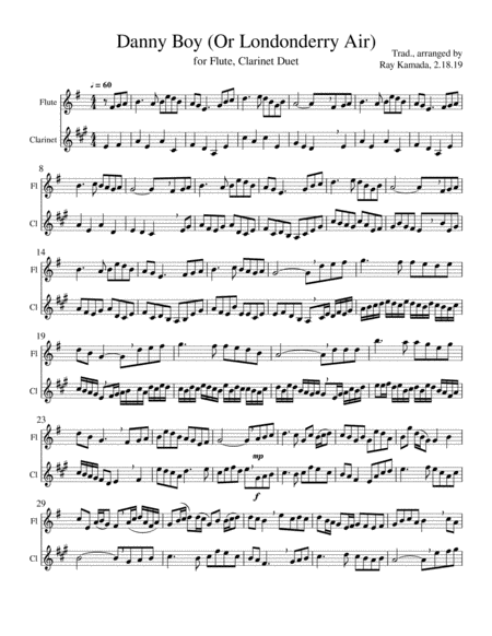 Etude For Flute Clarinet Duet Based On Danny Boy Londonderry Air Sheet Music