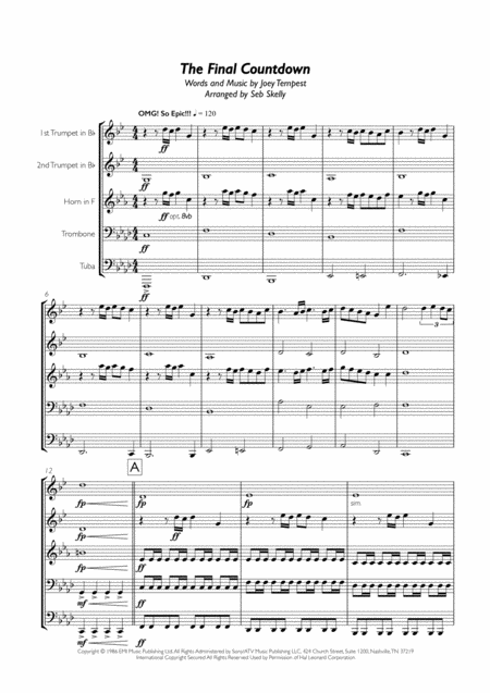 Europe Final Countdown For Brass Quintet Sheet Music