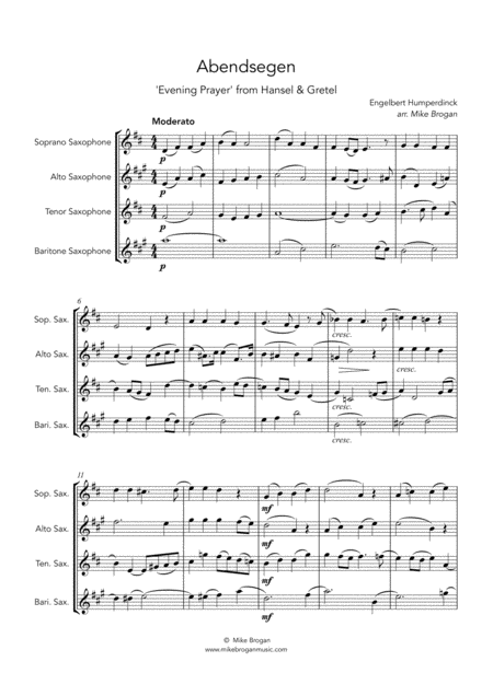 Free Sheet Music Evening Prayer Abendsegen Humperdinck Satb Saxophone Quartet