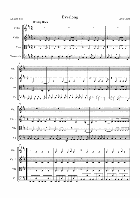 Everlong By Foo Fighters Arranged For String Quartet Sheet Music