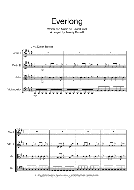 Everlong String Quartet Sheet Music