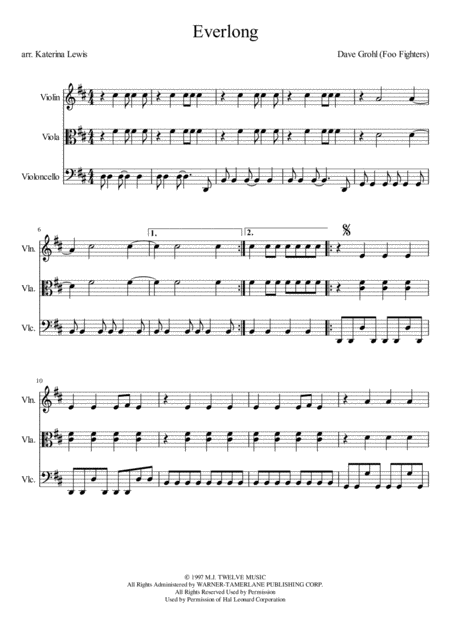 Everlong Violin Viola Cello Sheet Music