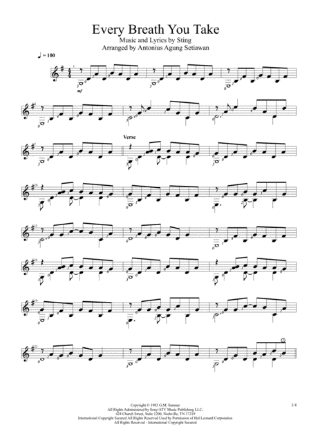 Every Breath You Take Solo Guitar Score Sheet Music