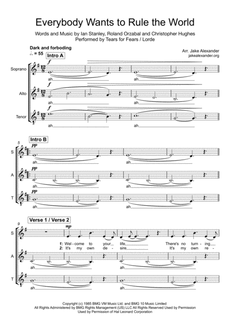 Free Sheet Music Everybody Wants To Rule The World Sat A Cappella