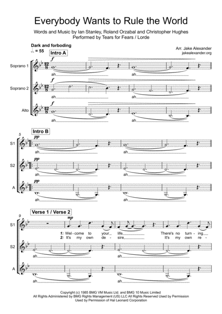 Everybody Wants To Rule The World Ssa A Cappella Sheet Music