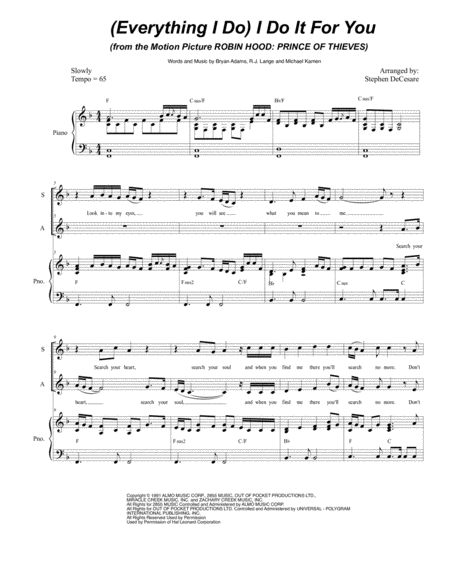 Free Sheet Music Everything I Do I Do It For You For 2 Part Choir Sa