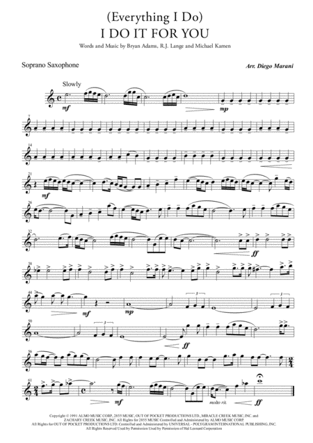 Everything I Do I Do It For You For Saxophone Quartet Sheet Music