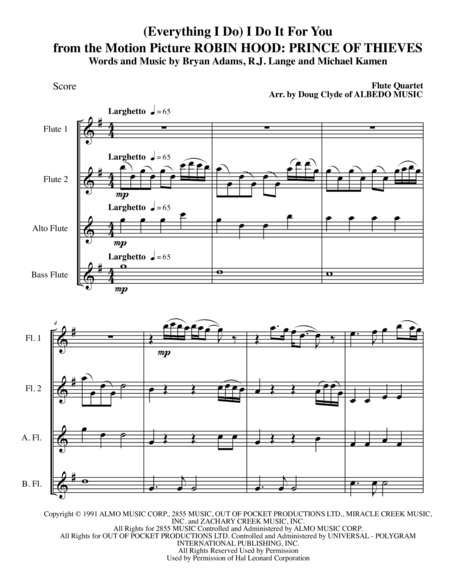 Everything I Do I Do It For You From The Motion Picture Robin Hood Prince Of Thieves For Flute Quartet Sheet Music