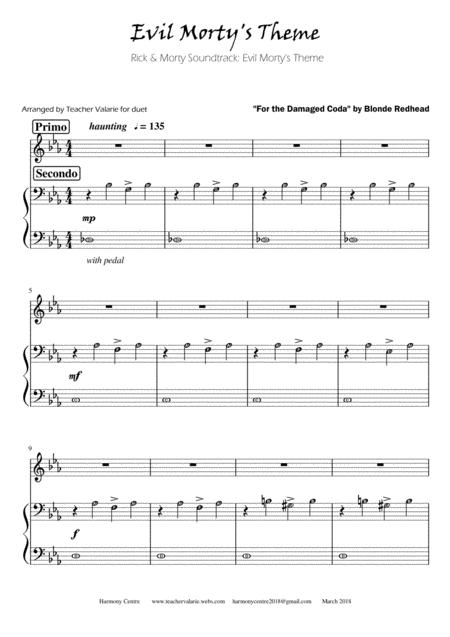 Evil Morty Theme For The Damaged Coda By Blonde Redhead Piano Duet With Note Names Level 3 Sheet Music