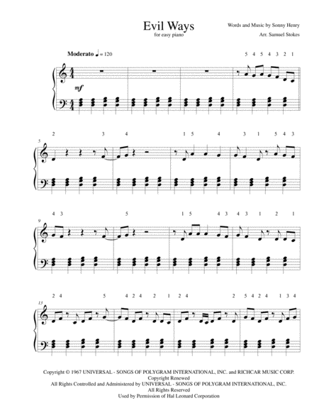 Evil Ways For Easy Piano Sheet Music