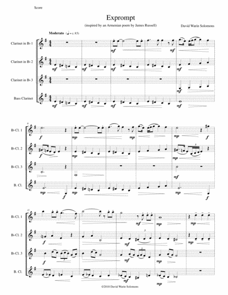 Exprompt An Armenian Song Of Farewell Arranged For Clarinet Quartet Sheet Music