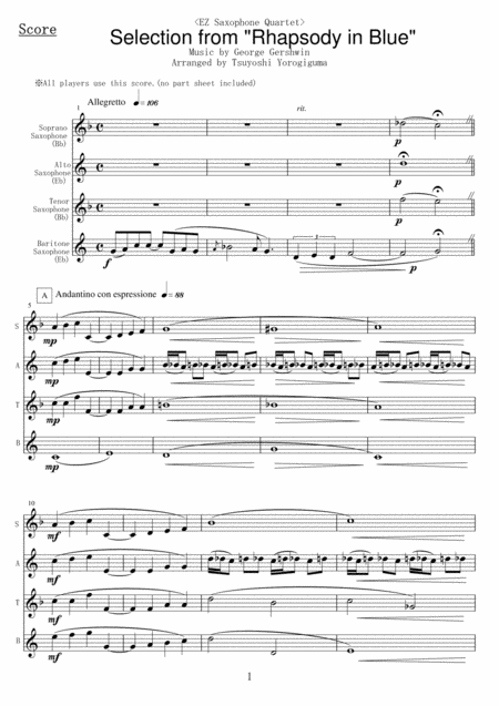 Ez Saxophone Quartet Selection From Rhapsody In Blue Sheet Music