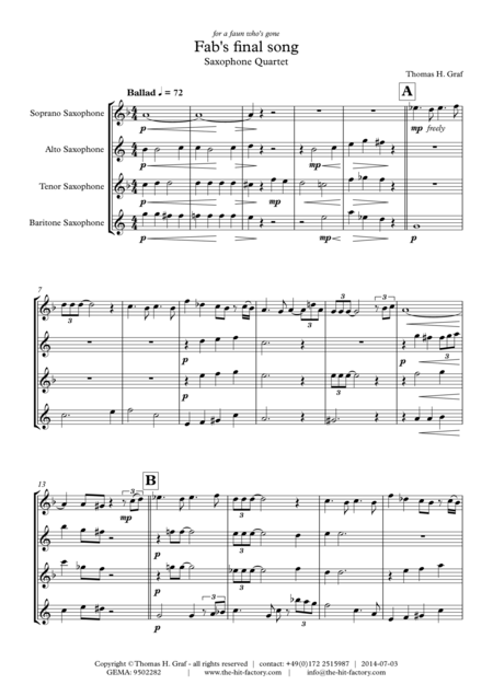 Fabs Final Song Ballad Saxophone Quartet Sheet Music