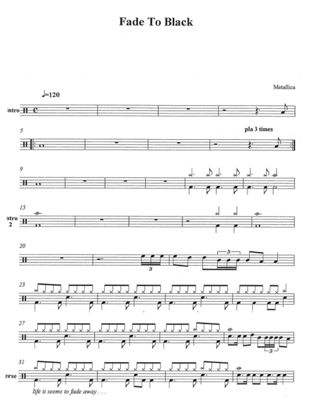 Fade To Black Drum Chart Sheet Music