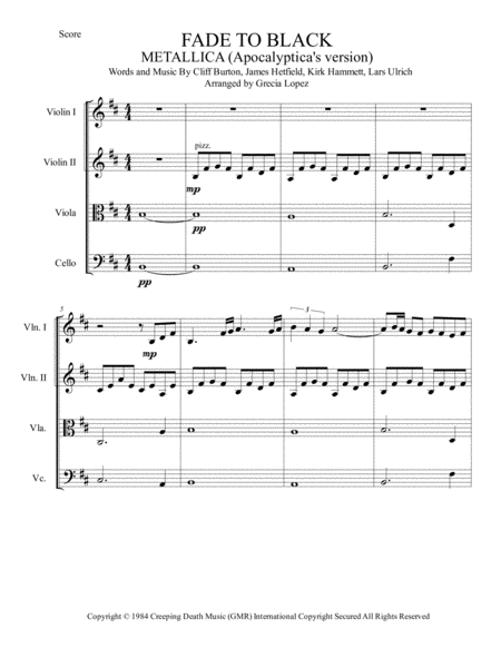 Fade To Black Metallica Apocalyptica Strings Quartet Sheet Music