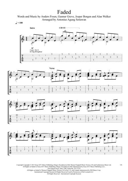 Faded Fingerstyle Guitar Solo Sheet Music