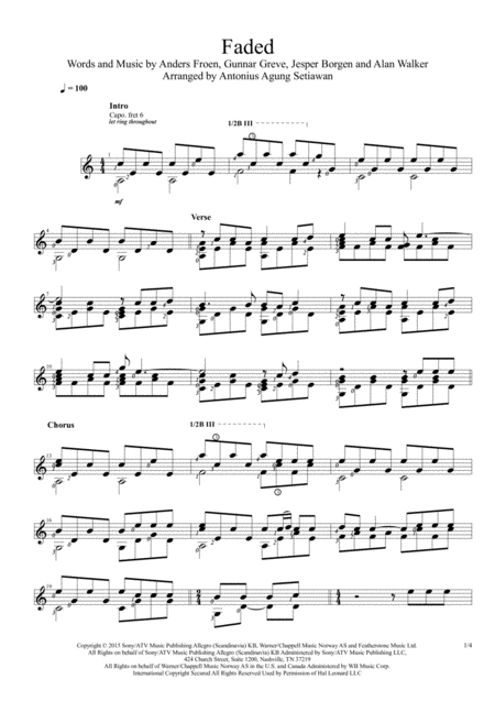 Faded Solo Guitar Score Sheet Music