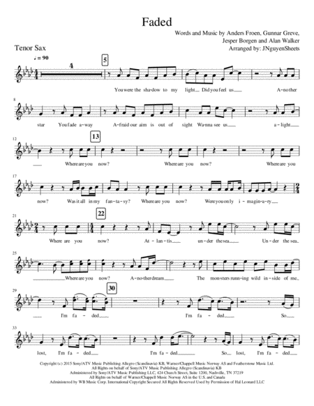 Free Sheet Music Faded Tenor Sax