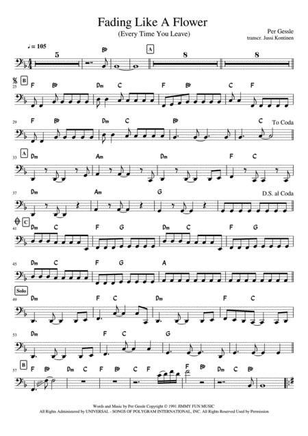 Fading Like A Flower Every Time You Leave Bass Guitar Sheet Music