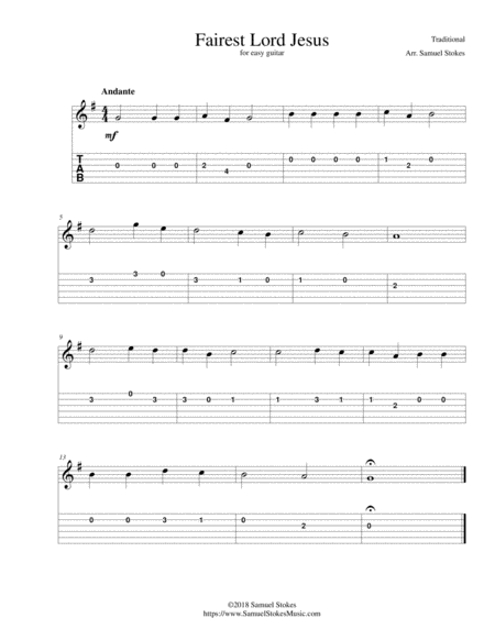 Free Sheet Music Fairest Lord Jesus For Easy Guitar With Tab