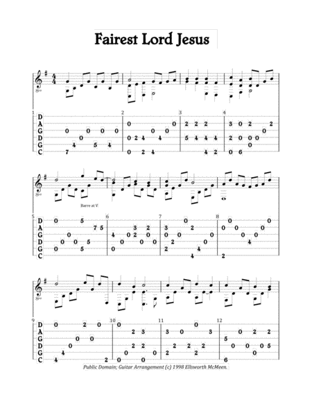 Fairest Lord Jesus For Fingerstyle Guitar Tuned Cgdgad Sheet Music