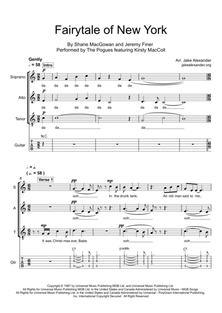 Free Sheet Music Fairytale Of New York Sat With Guitar