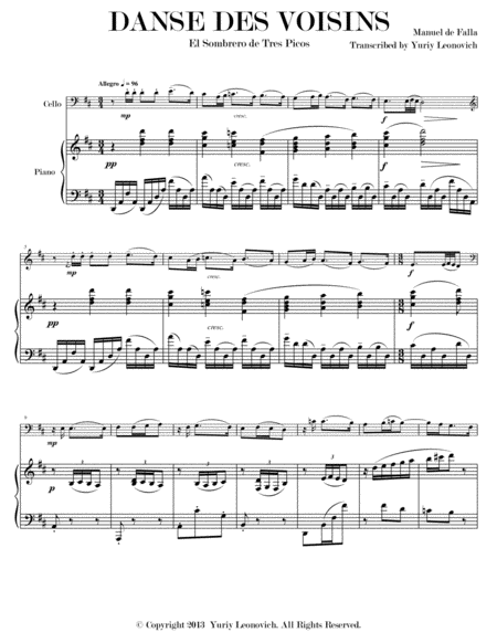 Free Sheet Music Falla Seguidillas From El Sombrero De Tres Picos Arranged For Cello And Piano