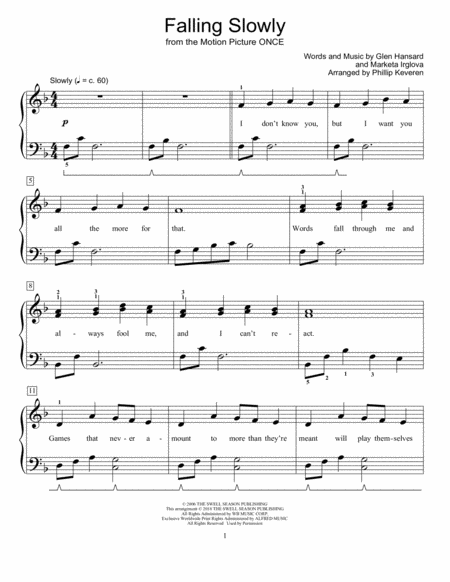 Free Sheet Music Falling Slowly From Once Arr Phillip Keveren