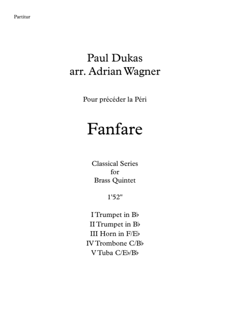 Free Sheet Music Fanfare Pour Prcder La Pri Brass Quintet Arr Adrian Wagner