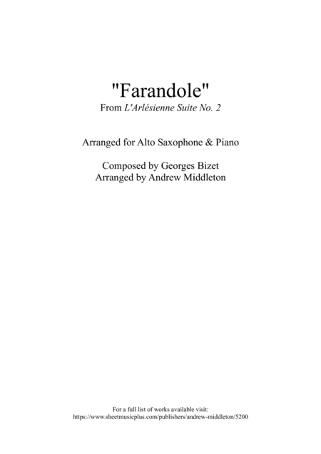 Farandole Arranged For Alto Saxophone And Piano Sheet Music