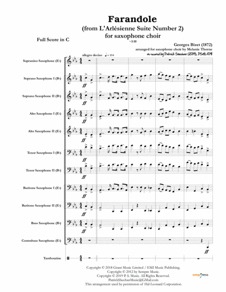 Free Sheet Music Farandole From L Arlesienne Suite Number 2 For Saxophone Choir Full Score Set Of Parts