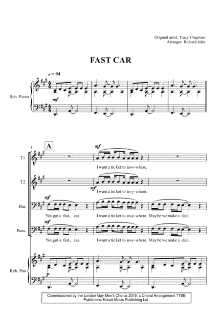 Fast Car Sheet Music